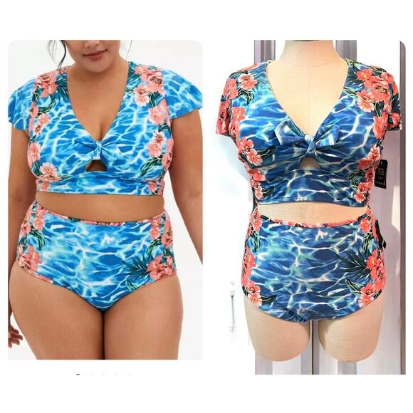 Torrid size 1 Two Piece Wireless Floral Bikini Swimsuit Top‎ & Bottom w/Sleeves - Picture 1 of 4